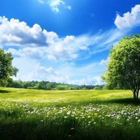 Serene Field of Flowers Under Blue Sky