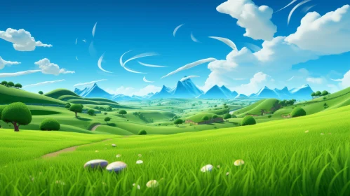 Lush Green Cartoon Landscape with Realistic Textures