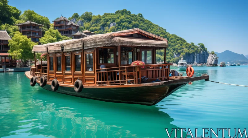 Majestic Wooden Boat: A Captivating Journey Amidst Oriental Grandeur AI Image