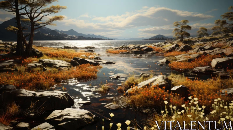 Scenic Autumn Landscape: Grass, Mountains, and Calm Waters AI Image