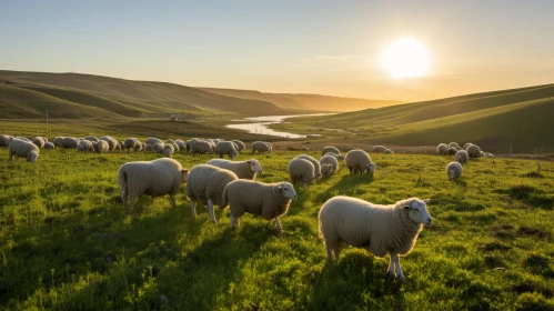Serene Sheep Grazing in Coastal Field at Sunset