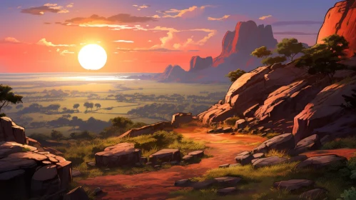 Sunrise Over Mountains: A Fusion of Traditional African Art and Colorful Cartoons