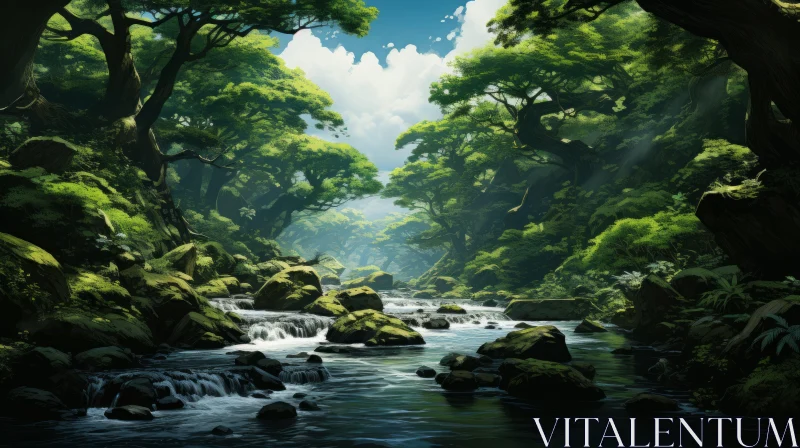 Tranquil River Flowing Through a Forest - Japanese-Inspired Artwork AI Image