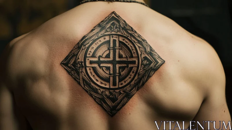 Detailed Back Tattoo with Geometric Symbolism AI Image