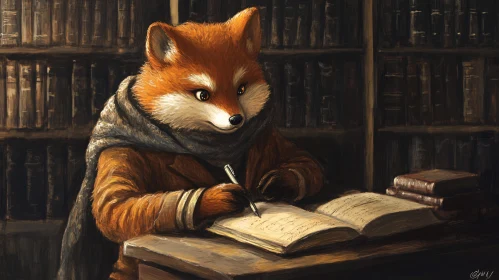 Fox Writer in Cozy Library Setting