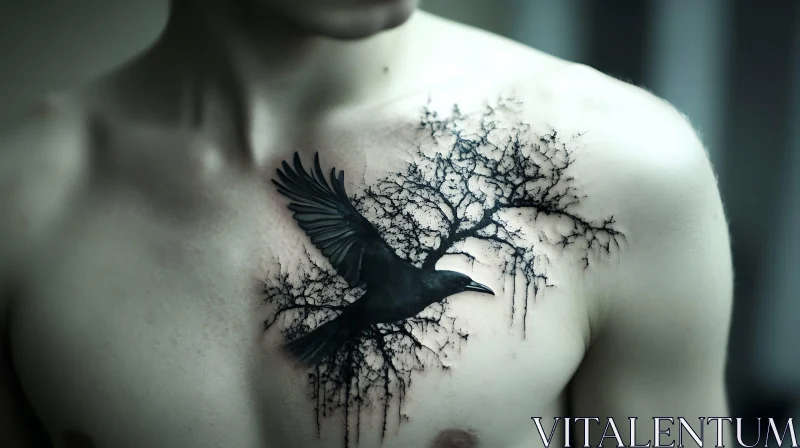 Raven Tattoo with Branch Design on Chest AI Image