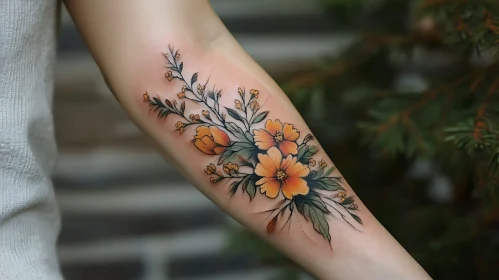 Intricate Orange Flower Tattoo with Green Leaves