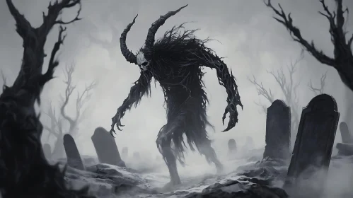 Monochrome Demon in Cemetery Scene