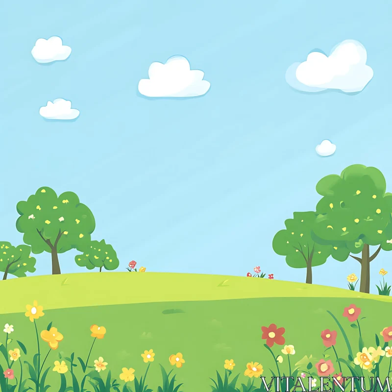 AI ART Cartoon Meadow with Flowers and Trees