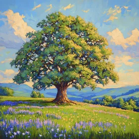 Lone Tree in Field of Flowers Painting