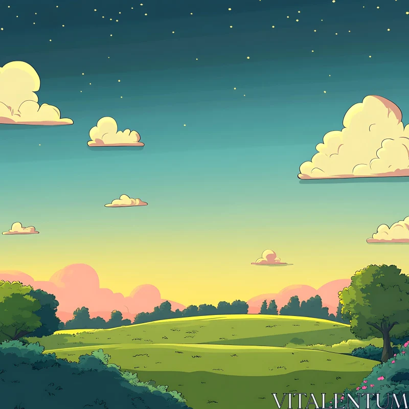 Green Field Cartoon Landscape AI Image