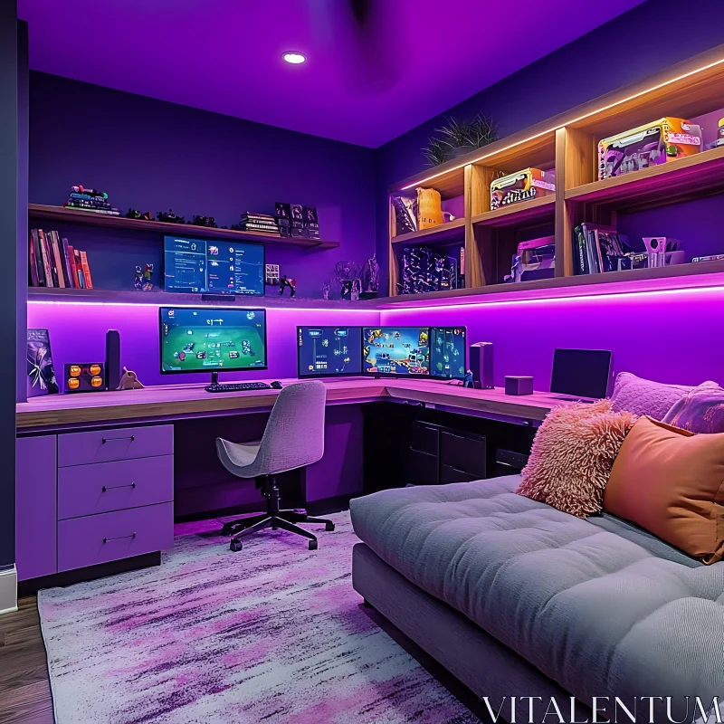 Modern Gaming Room with Neon Lighting AI Image