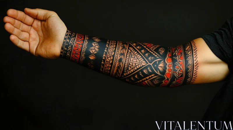 Tribal Tattoo on Arm with Geometric and Red Ink Details AI Image