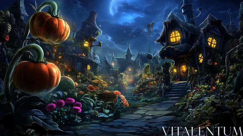 Whimsical Halloween Village with Pumpkins AI Image