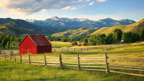 Rural Barn Scene with Mountain View