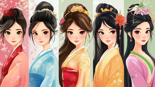 Five Asian Beauties in Traditional Kimono