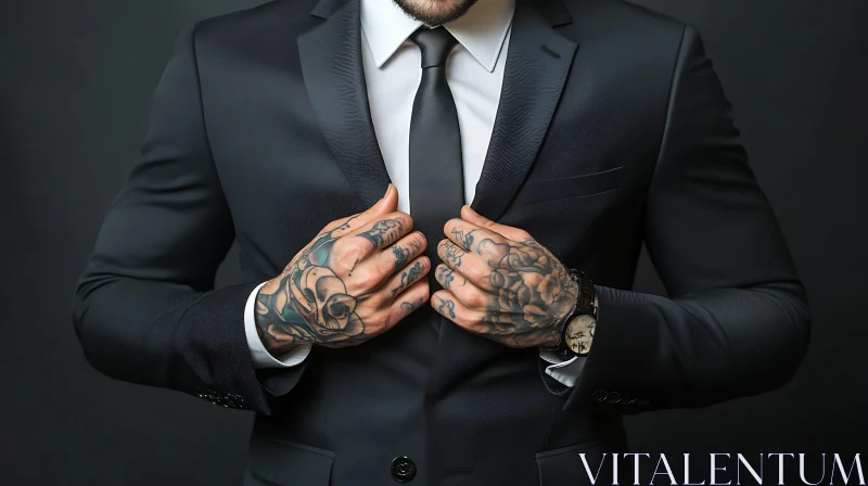 Tattooed Hands in Formal Attire AI Image