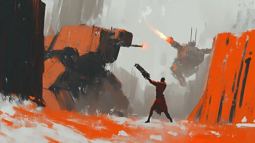 Sci-Fi Warrior Fighting Robots Painting