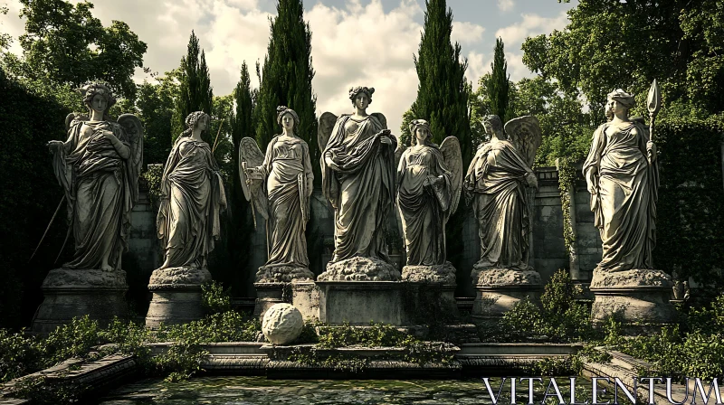 Classical Angel Statues in Garden Setting AI Image