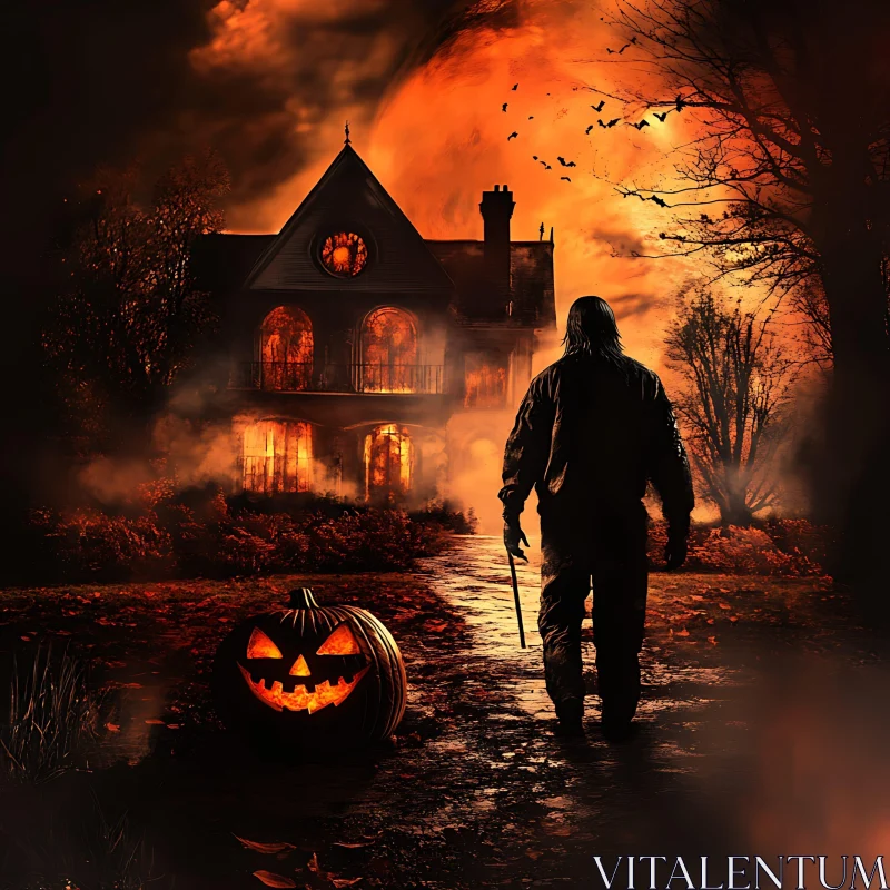 Eerie Halloween Scene with Pumpkin AI Image