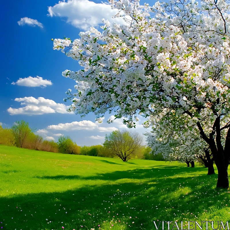 Spring Meadow with Flowering Trees AI Image