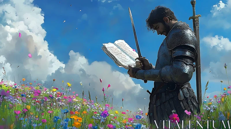 AI ART Armored Knight Reading Book in Meadow