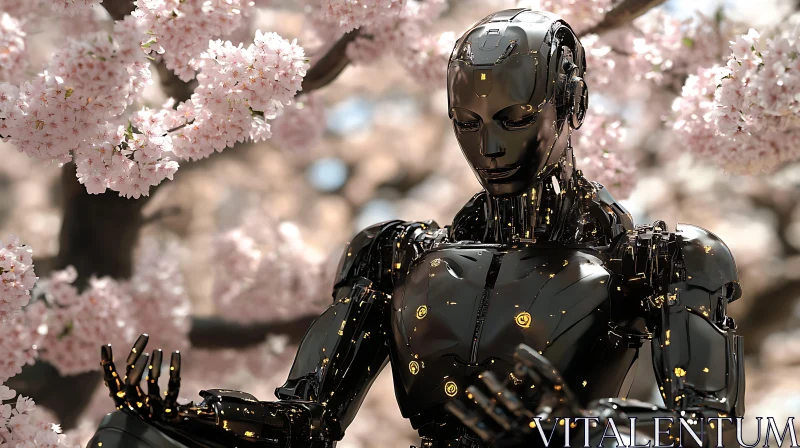 AI ART Cyborg in Harmony with Nature's Spring Blossoms