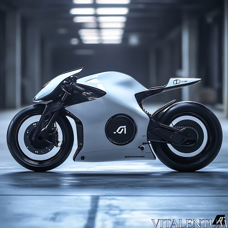 AI ART Silver Futuristic Motorcycle in Dark Hallway