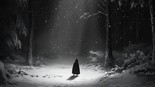 Solitary Figure in Snowy Forest