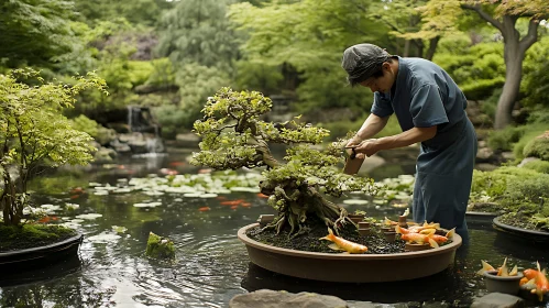 Tranquil Bonsai Garden with Koi Pond