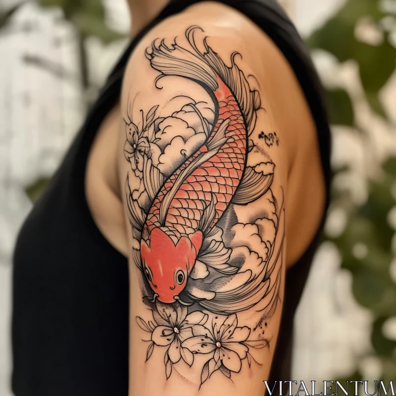 Intricate Koi Fish Arm Tattoo with Floral Design AI Image