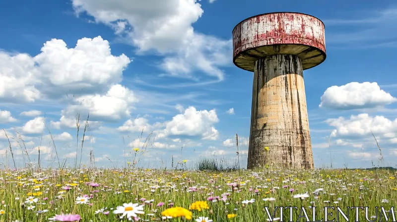 AI ART Vintage Water Tower Amidst Blooming Meadow