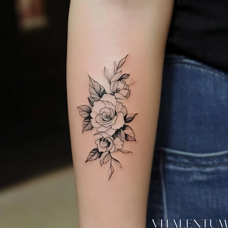 Detailed Botanical Forearm Tattoo in Black Ink AI Image