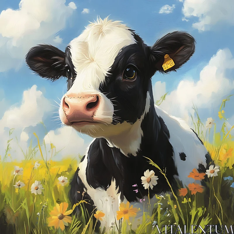 Peaceful Cow in Meadow AI Image