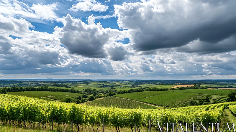 Lush Vineyard Under Cloudy Skies AI Image