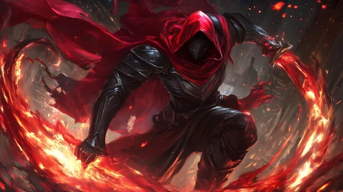 Crimson Hooded Warrior in Flames