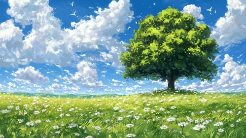 Scenic Meadow Landscape with Solitary Tree