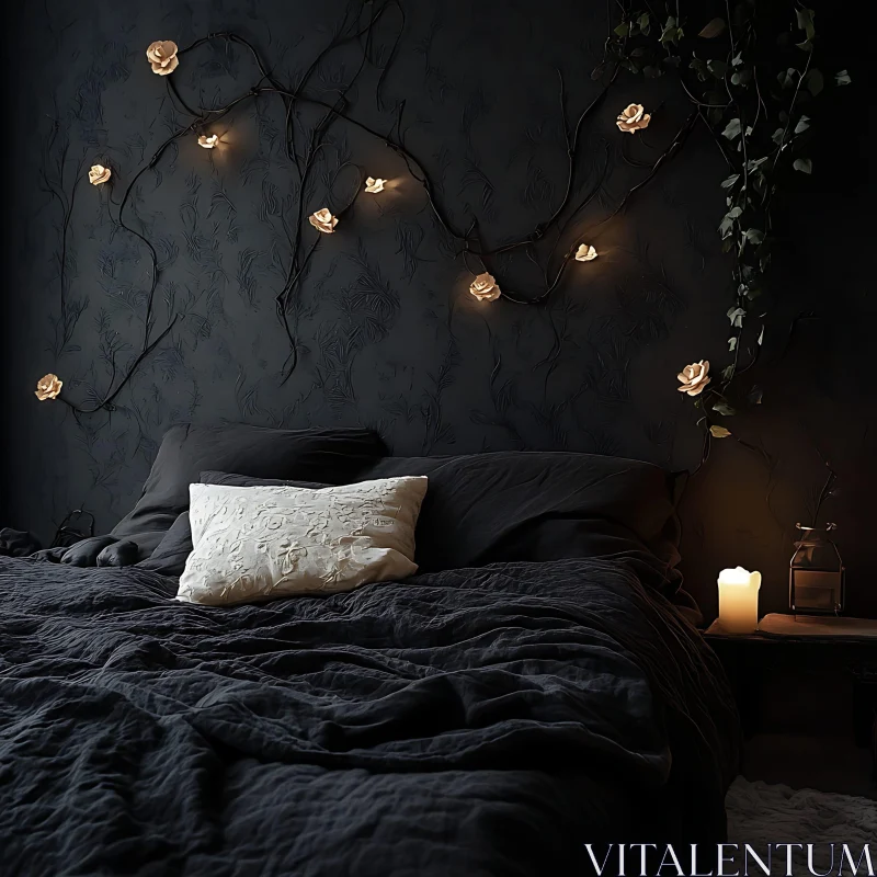 Dark Bedroom with Rose String Lights AI Image