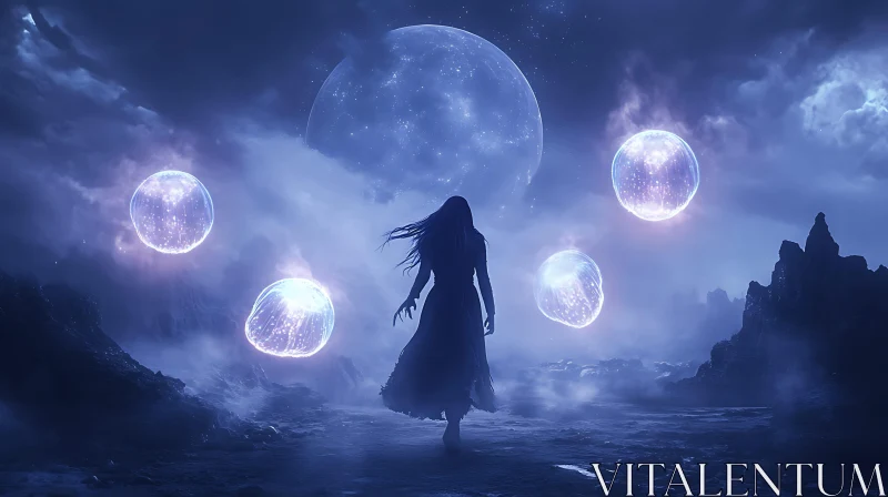 AI ART Moonlit Woman with Floating Orbs