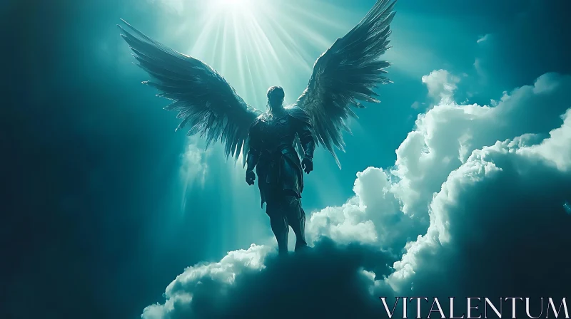 Winged Angel Figure on Clouds AI Image