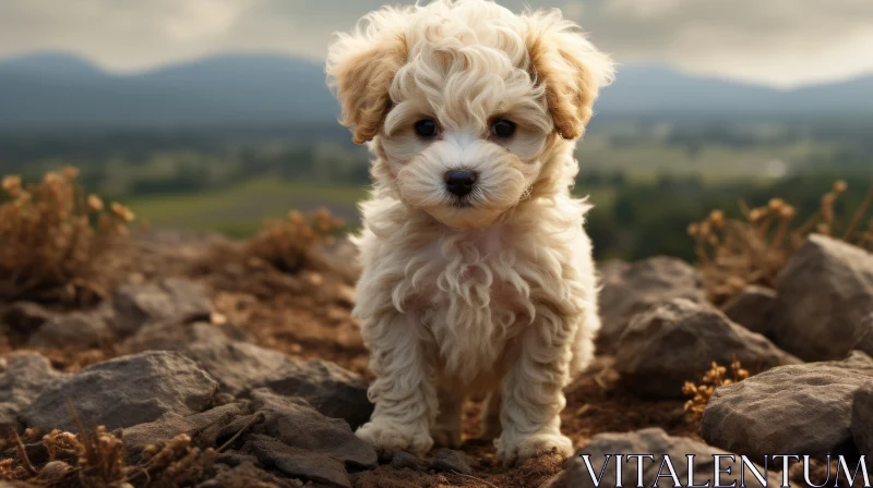 Backlit White Puppy on Rocks: A Display of Intricate Detailing and Vibrant Colorism AI Image