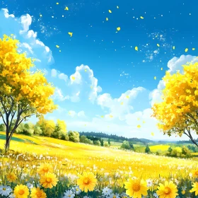 Scenic Yellow Meadow with Blossoming Trees