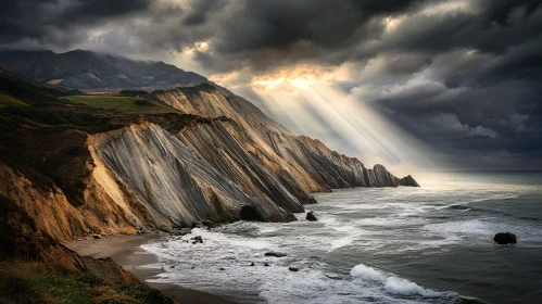 Sunlit Coastal Cliffs Against a Stormy Backdrop