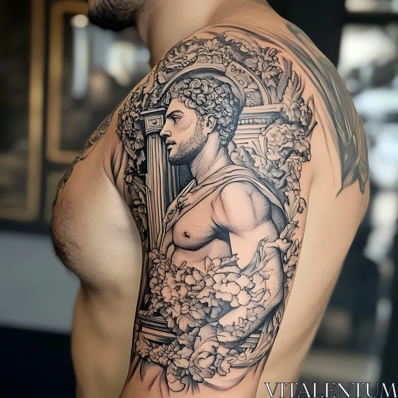 Classical Bust Tattoo with Floral and Architectural Elements AI Image