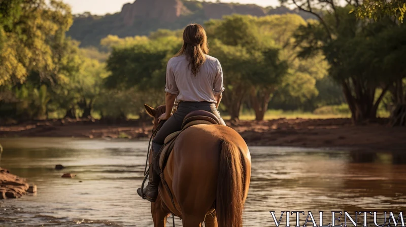 AI ART Captivating Image: Woman Riding Horse near River in Bush