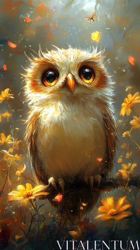 Whimsical Owl in Blooming Scenery AI Image