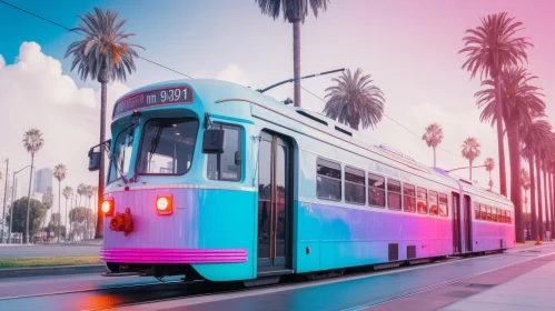 Colorful Tram and Palm Trees in Precisionist Style