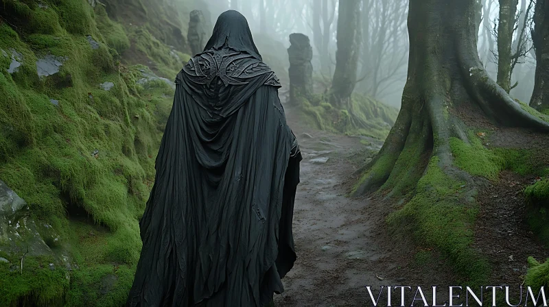 Cloaked Wanderer in Mossy Woods AI Image