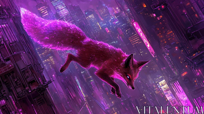 AI ART Neon Fox Leaping Over City