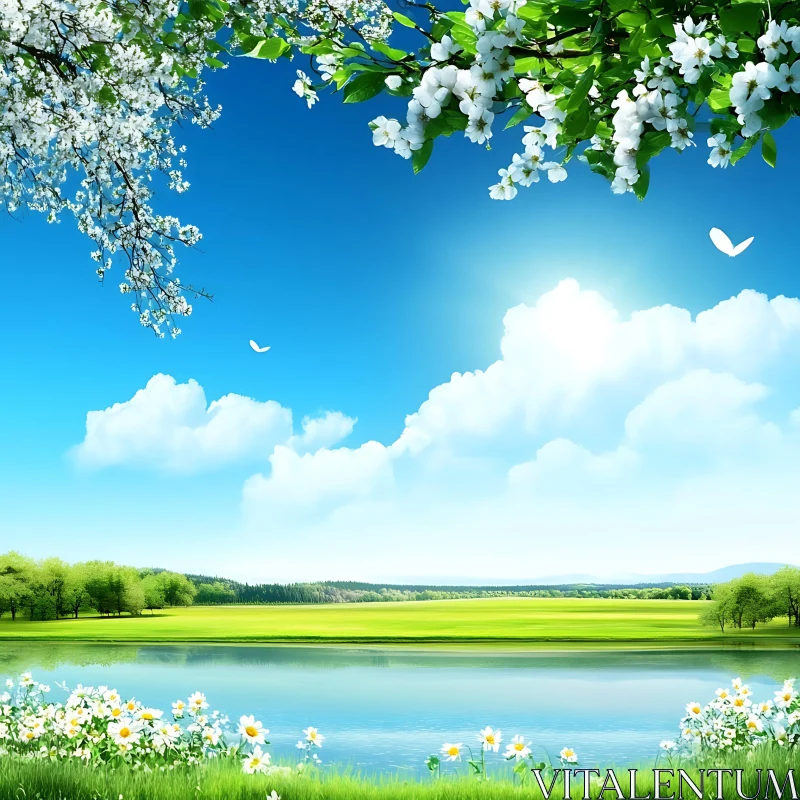 AI ART Tranquil Lake Scene with White Flowers